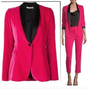 Alice+Olivia Macey fuchsia pink velvet black collar blazer Size 6